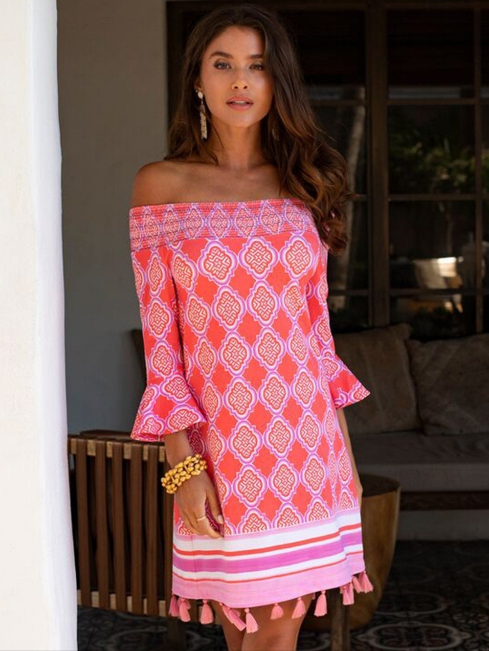 NWT Cabana Life Coral Geo Coverluxe Smocked Off the Shoulder Tassel Dress - Picture 2 of 13